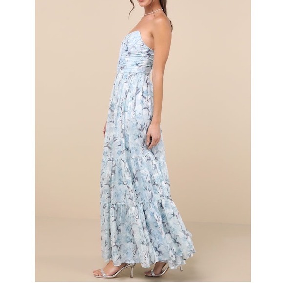NWT Lulus Special Moment Light Blue Floral Strapless Bustier Maxi Dress XS - Picture 3 of 8